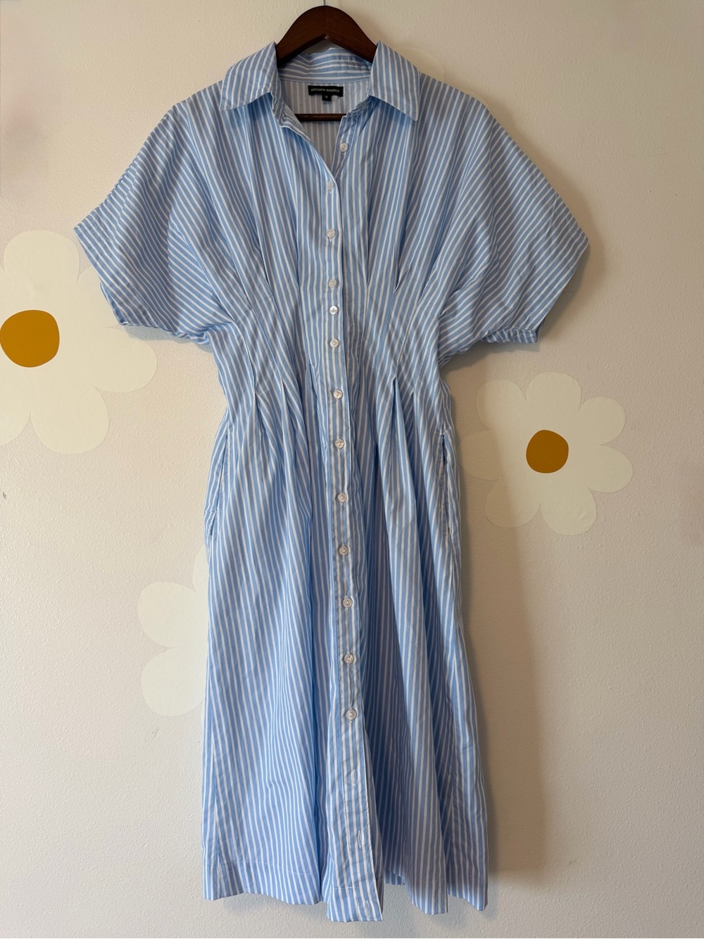 Meadow Rhodes Anthropologie Cotton Light Blue Stripe Cinched Shirt Midi Dres - Picture 2 of 9